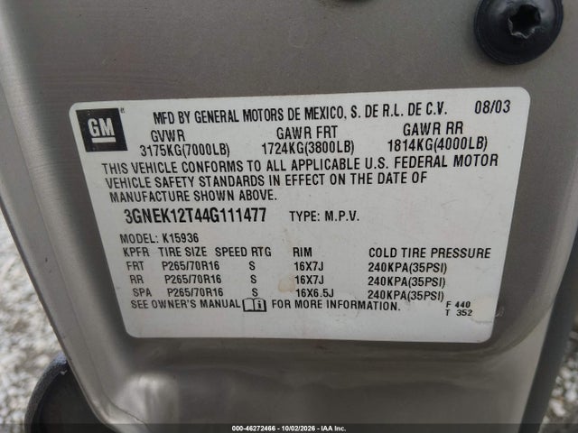 Aukcja sprzedaży 2004 Chevrolet Avalanche 1500, vin: 3GNEK12T44G111477, numer aukcji: 46272466