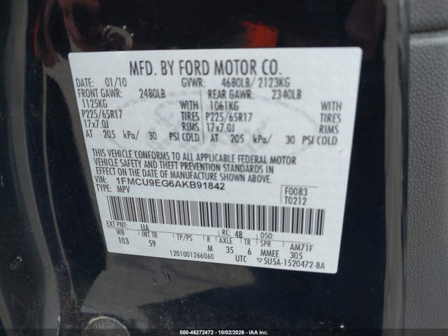 Продаж на аукціоні авто 2010 Ford Escape Limited, vin: 1FMCU9EG6AKB91842, номер лоту: 46272472