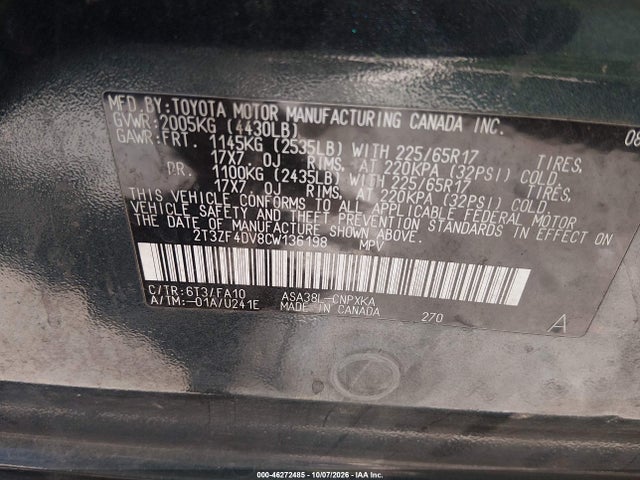 46272485 :رقم المزاد ، 2T3ZF4DV8CW136198 vin ، 2012 Toyota Rav4 مزاد بيع