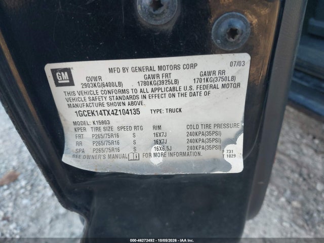 46272492 :رقم المزاد ، 1GCEK14TX4Z104135 vin ، 2004 Chevrolet Silverado 1500 Z71 مزاد بيع