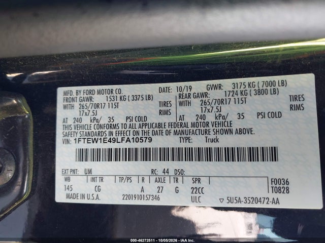 2020 Ford F-150 Xl მანქანა იყიდება აუქციონზე, vin: 1FTEW1E49LFA10579, აუქციონის ნომერი: 46272511