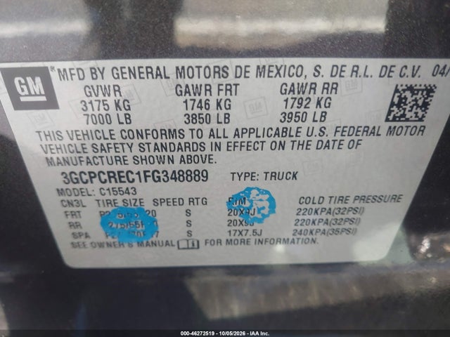 Aukcja sprzedaży 2015 Chevrolet Silverado 1500 1lt, vin: 3GCPCREC1FG348889, numer aukcji: 46272519