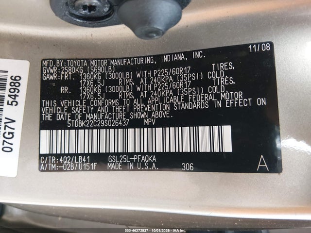 Продаж на аукціоні авто 2009 Toyota Sienna Limited, vin: 5TDBK22C29S026437, номер лоту: 46272537