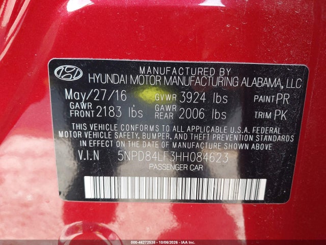 Aukcja sprzedaży 2017 Hyundai Elantra Se, vin: 5NPD84LF3HH084623, numer aukcji: 46272538