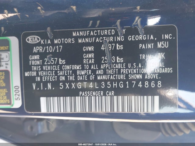 46272547 :رقم المزاد ، 5XXGT4L35HG174868 vin ، 2017 Kia Optima Lx مزاد بيع