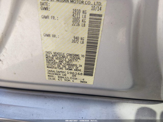 Auction sale of the 2015 Nissan Altima 2.5 S, vin: 1N4AL3AP9FC196168, lot number: 46272557