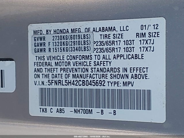 2012 Honda Odyssey Ex მანქანა იყიდება აუქციონზე, vin: 5FNRL5H42CB045692, აუქციონის ნომერი: 46272565