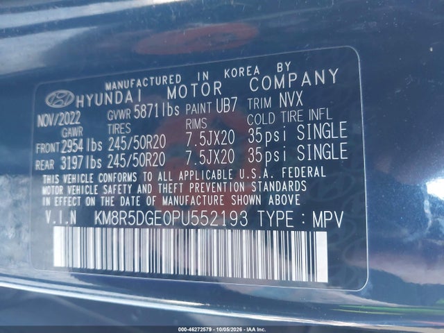 Aukcja sprzedaży 2023 Hyundai Palisade Limited, vin: KM8R5DGE0PU552193, numer aukcji: 46272579