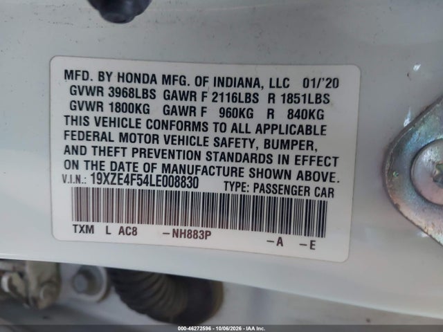 Продажа на аукционе авто 2020 Honda Insight Ex, vin: 19XZE4F54LE008830, номер лота: 46272596