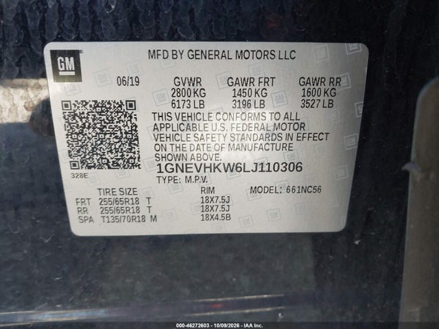 46272603 :رقم المزاد ، 1GNEVHKW6LJ110306 vin ، 2020 Chevrolet Traverse Awd Lt Leather مزاد بيع
