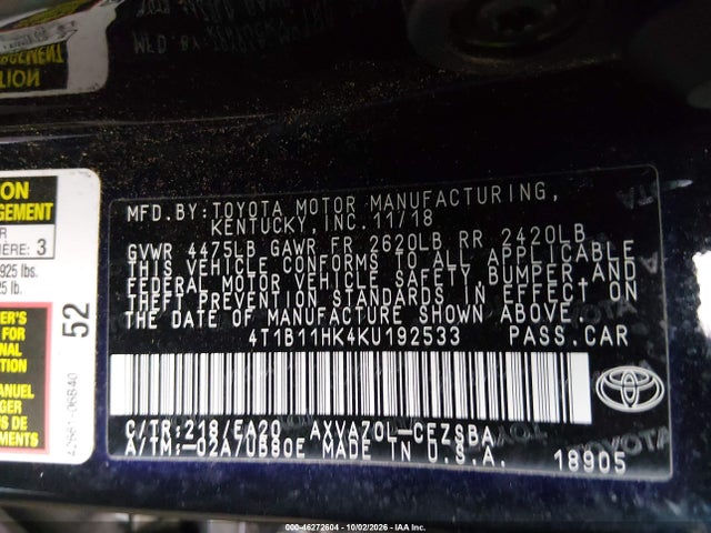 46272604 :رقم المزاد ، 4T1B11HK4KU192533 vin ، 2019 Toyota Camry Se مزاد بيع