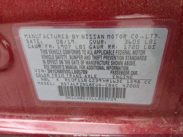 2020 Nissan Versa Sv Xtronic Cvt მანქანა იყიდება აუქციონზე, vin: 3N1CN8EVXLL805709, აუქციონის ნომერი: 46272629