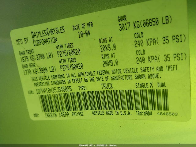 Aukcja sprzedaży 2005 Dodge Ram 1500 Slt/laramie, vin: 1D7HA18N35J545025, numer aukcji: 46272633