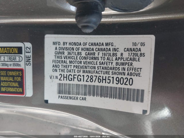 Продаж на аукціоні авто 2006 Honda Civic Ex, vin: 2HGFG12876H519020, номер лоту: 46272658