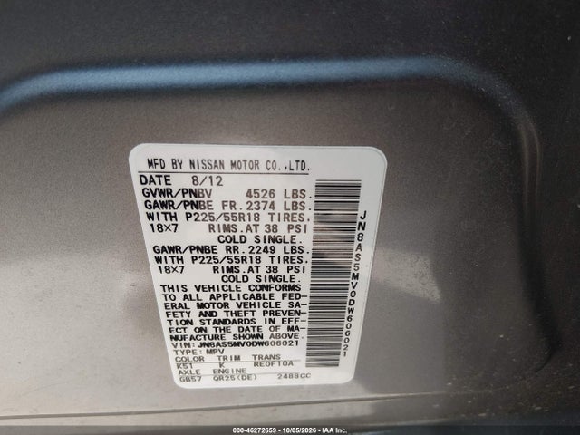 Продажа на аукционе авто 2013 Nissan Rogue Sv W/sl Pkg, vin: JN8AS5MV0DW606021, номер лота: 46272659