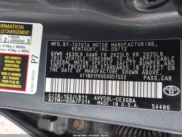 46272661 :رقم المزاد ، 4T1BD1FK0CU051552 vin ، 2012 Toyota Camry Hybrid Xle مزاد بيع