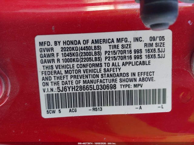 Продажа на аукционе авто 2005 Honda Element Ex, vin: 5J6YH28665L030698, номер лота: 46272674