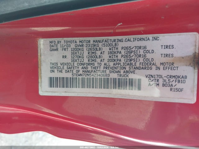 Aukcja sprzedaży 2004 Toyota Tacoma Base V6, vin: 5TEWN72N54Z340683, numer aukcji: 46272682