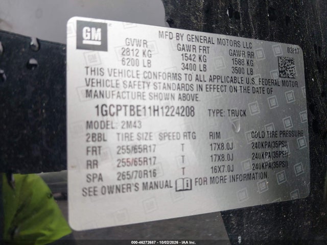 46272687 :رقم المزاد ، 1GCPTBE11H1224208 vin ، 2017 Chevrolet Colorado Wt مزاد بيع