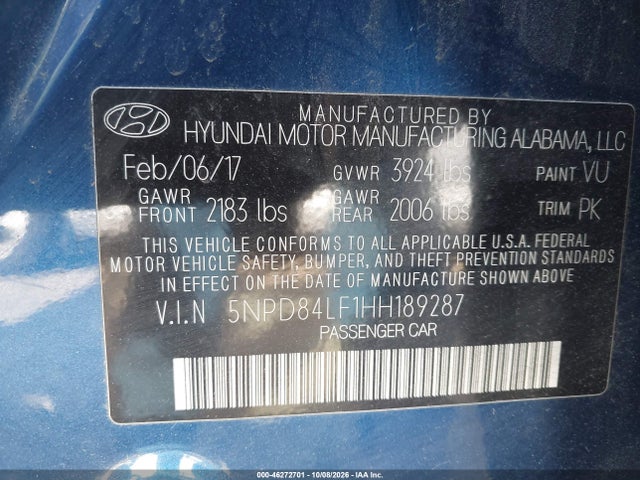 2017 Hyundai Elantra Se მანქანა იყიდება აუქციონზე, vin: 5NPD84LF1HH189287, აუქციონის ნომერი: 46272701