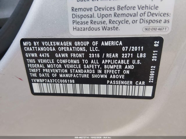 46272714 :رقم المزاد ، 1VWBP7A37CC005198 vin ، 2012 Volkswagen Passat 2.5l Se مزاد بيع