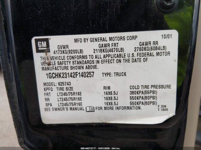 2002 Chevrolet Silverado 2500hd Lt მანქანა იყიდება აუქციონზე, vin: 1GCHK23142F140257, აუქციონის ნომერი: 46272717