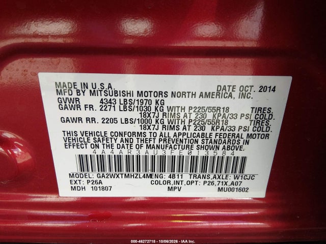 46272718 :رقم المزاد ، 4A4AR3AU3FE013584 vin ، 2015 Mitsubishi Outlander Sport Es مزاد بيع