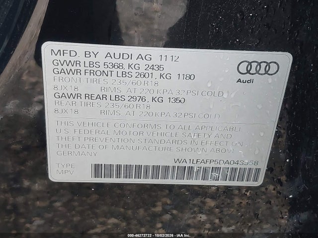Aukcja sprzedaży 2013 Audi Q5 2.0t Premium, vin: WA1LFAFP5DA043958, numer aukcji: 46272722