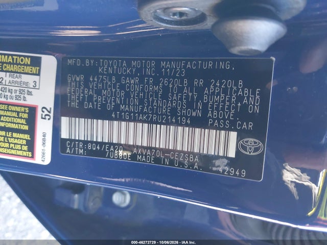 46272729 :رقم المزاد ، 4T1G11AK7RU214194 vin ، 2024 Toyota Camry Se مزاد بيع