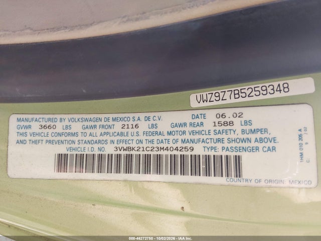 Aukcja sprzedaży 2003 Volkswagen New Beetle Gl, vin: 3VWBK21C23M404259, numer aukcji: 46272750