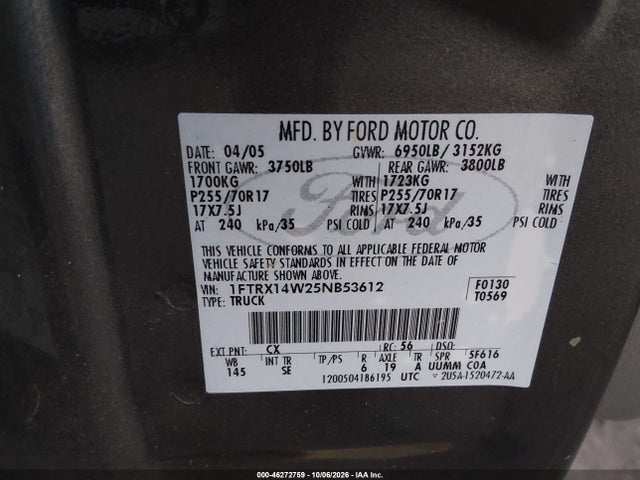 2005 Ford F-150 Stx/xl/xlt მანქანა იყიდება აუქციონზე, vin: 1FTRX14W25NB53612, აუქციონის ნომერი: 46272759