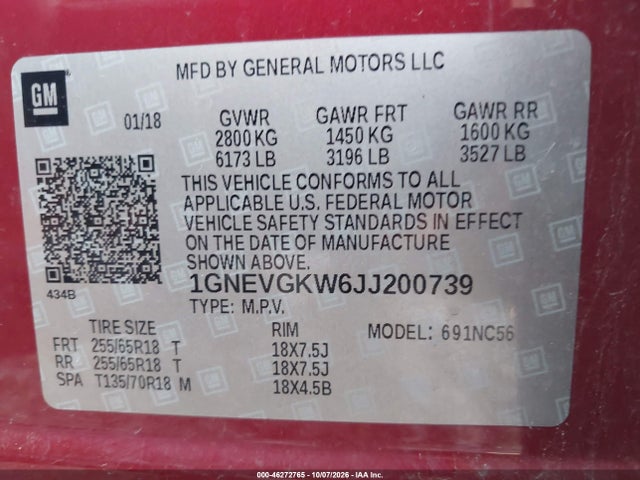 46272765 :رقم المزاد ، 1GNEVGKW6JJ200739 vin ، 2018 Chevrolet Traverse 1lt مزاد بيع