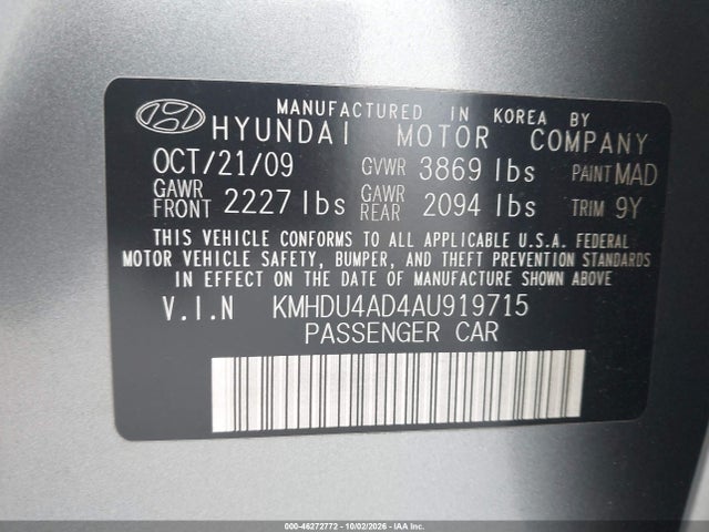 Продажа на аукционе авто 2010 Hyundai Elantra Gls, vin: KMHDU4AD4AU919715, номер лота: 46272772