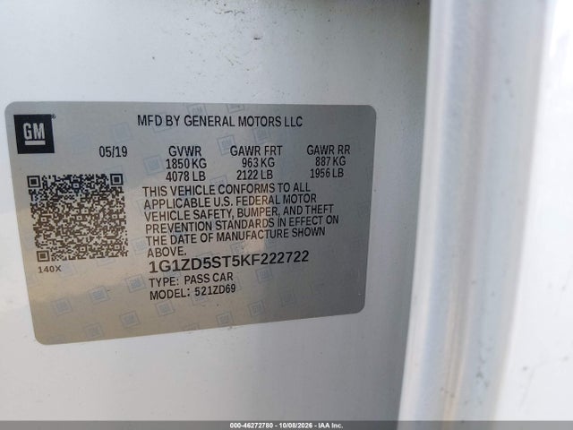 Aukcja sprzedaży 2019 Chevrolet Malibu Lt, vin: 1G1ZD5ST5KF222722, numer aukcji: 46272780
