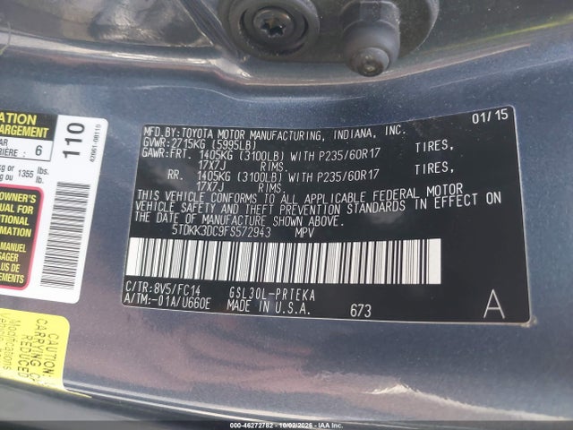 Auction sale of the 2015 Toyota Sienna Le 8 Passenger, vin: 5TDKK3DC9FS572943, lot number: 46272782
