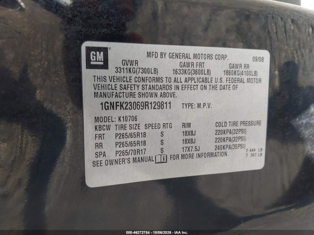 46272784 :رقم المزاد ، 1GNFK23069R129811 vin ، 2009 Chevrolet Tahoe Lt2 مزاد بيع