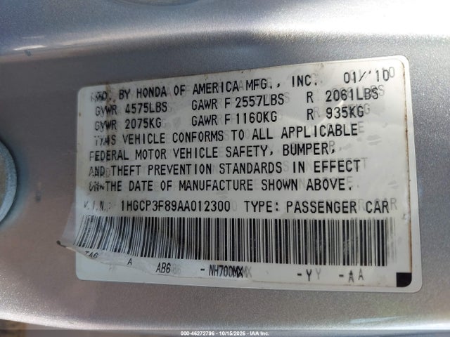 46272796 :رقم المزاد ، 1HGCP3F89AA012300 vin ، 2010 Honda Accord 3.5 Ex-l مزاد بيع