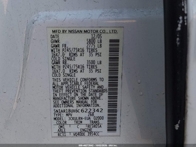 2006 Nissan Pathfinder S მანქანა იყიდება აუქციონზე, vin: 5N1AR18UX6C622342, აუქციონის ნომერი: 46272842