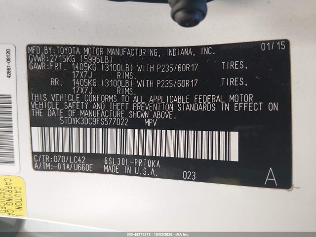 2015 Toyota Sienna Xle 8 Passenger მანქანა იყიდება აუქციონზე, vin: 5TDYK3DC9FS577022, აუქციონის ნომერი: 46272872