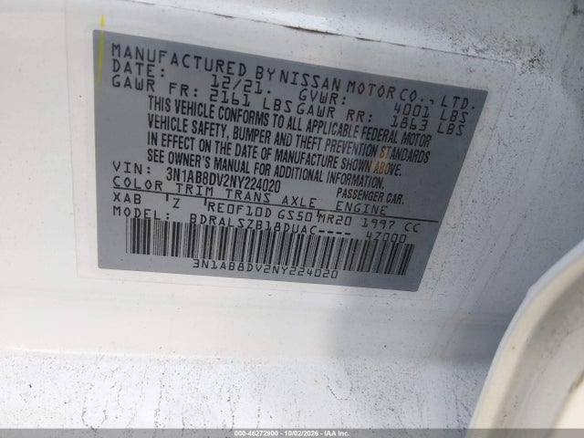 Продаж на аукціоні авто 2022 Nissan Sentra Sr Xtronic Cvt, vin: 3N1AB8DV2NY224020, номер лоту: 46272900