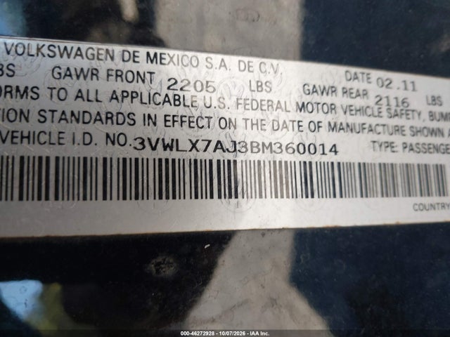 Продаж на аукціоні авто 2011 Volkswagen Jetta 2.5l Sel, vin: 3VWLX7AJ3BM360014, номер лоту: 46272928