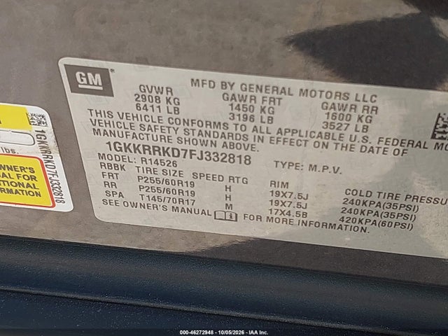 46272948 :رقم المزاد ، 1GKKRRKD7FJ332818 vin ، 2015 Gmc Acadia Slt-1 مزاد بيع