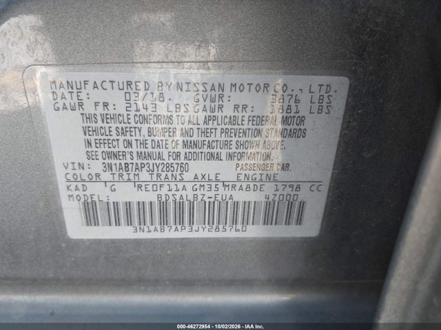 Aukcja sprzedaży 2018 Nissan Sentra S, vin: 3N1AB7AP3JY285760, numer aukcji: 46272954