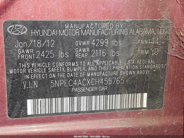 46272956 :رقم المزاد ، 5NPEC4ACXCH455765 vin ، 2012 Hyundai Sonata Limited مزاد بيع