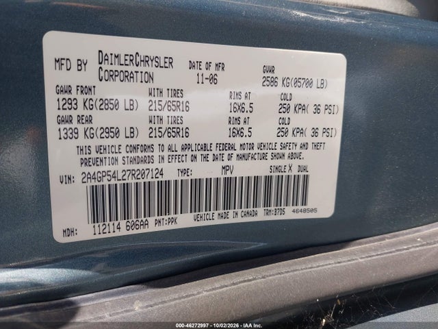 Продажа на аукционе авто 2007 Chrysler Town & Country Touring, vin: 2A4GP54L27R207124, номер лота: 46272997