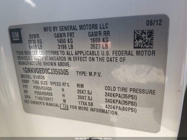 Aukcja sprzedaży 2012 Chevrolet Traverse 1lt, vin: 1GNKVGED0CJ359305, numer aukcji: 46273012