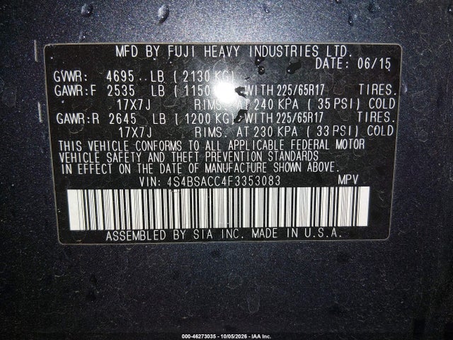 Subaru Outback 2.5i Premium 2015 4S4BSACC4F3353083 Image 9