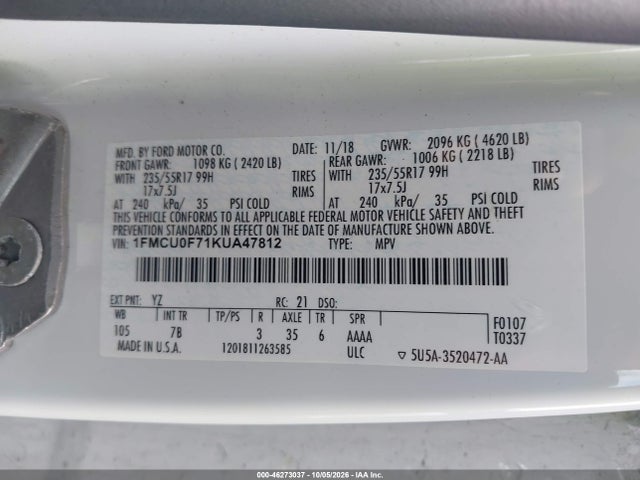 Продаж на аукціоні авто 2019 Ford Escape S, vin: 1FMCU0F71KUA47812, номер лоту: 46273037