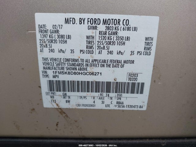 Продажа на аукционе авто 2017 Ford Explorer Xlt, vin: 1FM5K8D80HGC06271, номер лота: 46273063