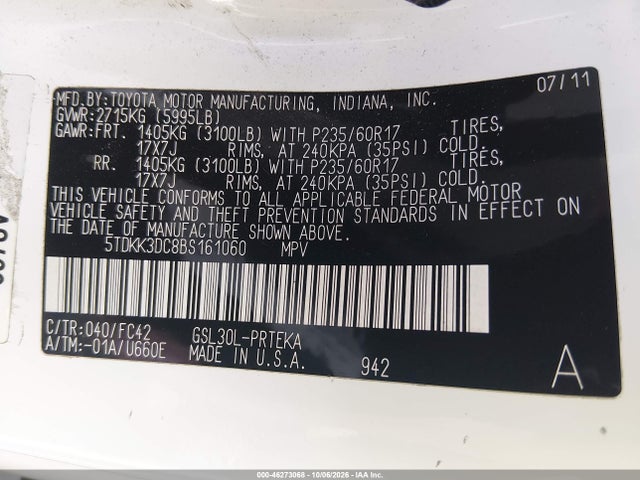 Продажа на аукционе авто 2011 Toyota Sienna Le V6, vin: 5TDKK3DC8BS161060, номер лота: 46273068